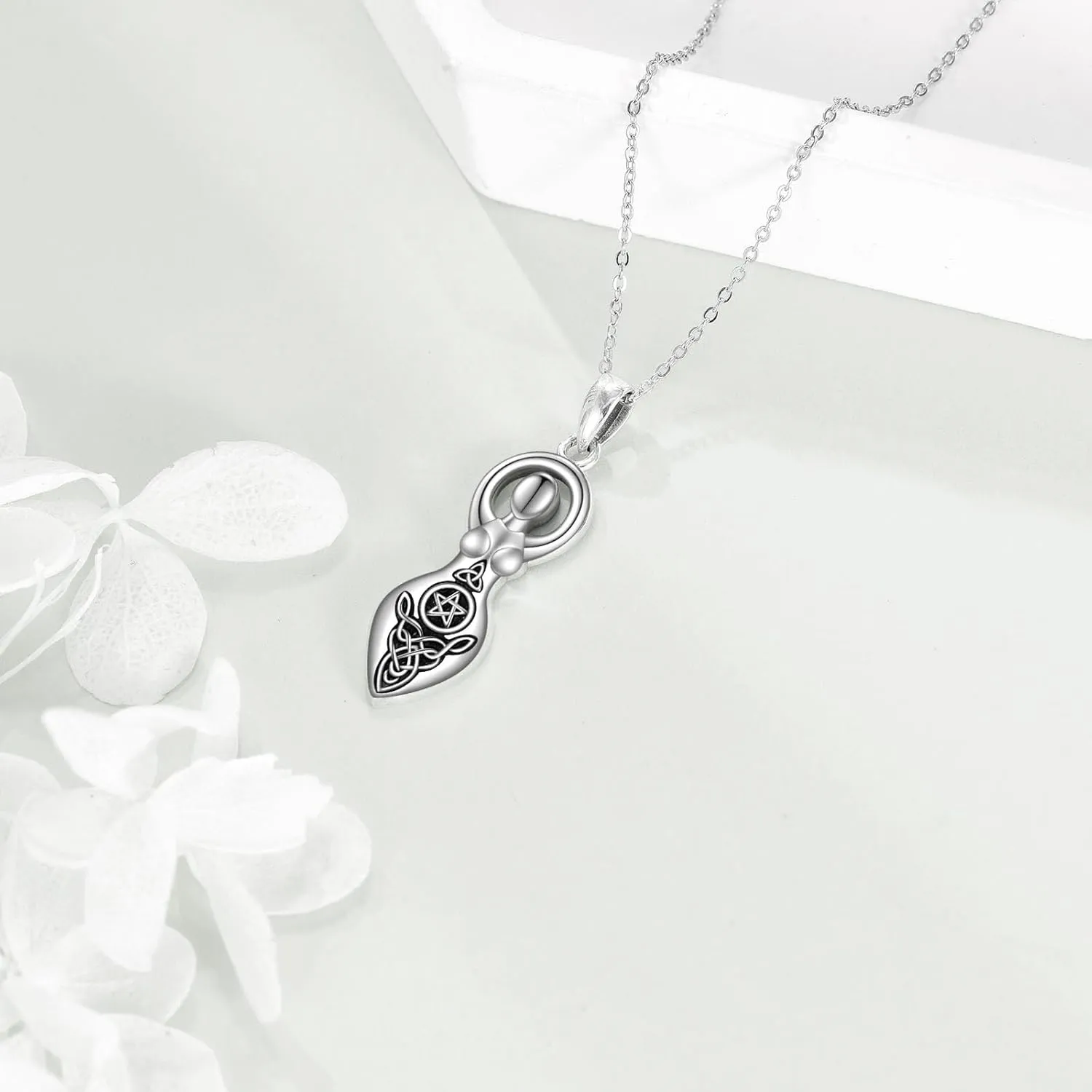 YFN Triple Moon Goddess Necklace Sterling Silver Pentagram Pentacle Opal Pendant necklace Pagan Wiccan Magic Amulet Tree of Life Jewelry for Women Men 18"