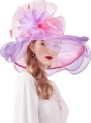 Z&X Women Organza Church Derby Hat Wide Brim Sun Hats for Wedding Tea Party Fascinator Hat, Dual-use