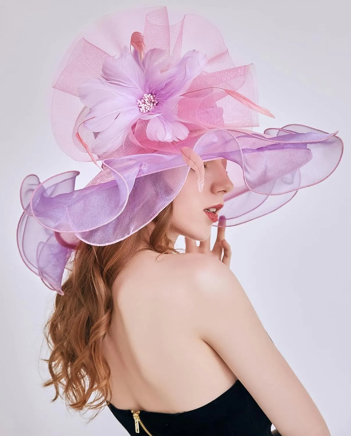 Z&X Women Organza Church Derby Hat Wide Brim Sun Hats for Wedding Tea Party Fascinator Hat, Dual-use