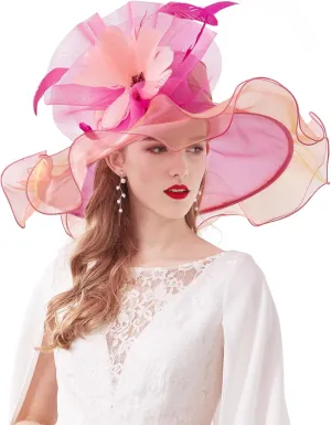 Z&X Women Organza Church Derby Hat Wide Brim Sun Hats for Wedding Tea Party Fascinator Hat, Dual-use