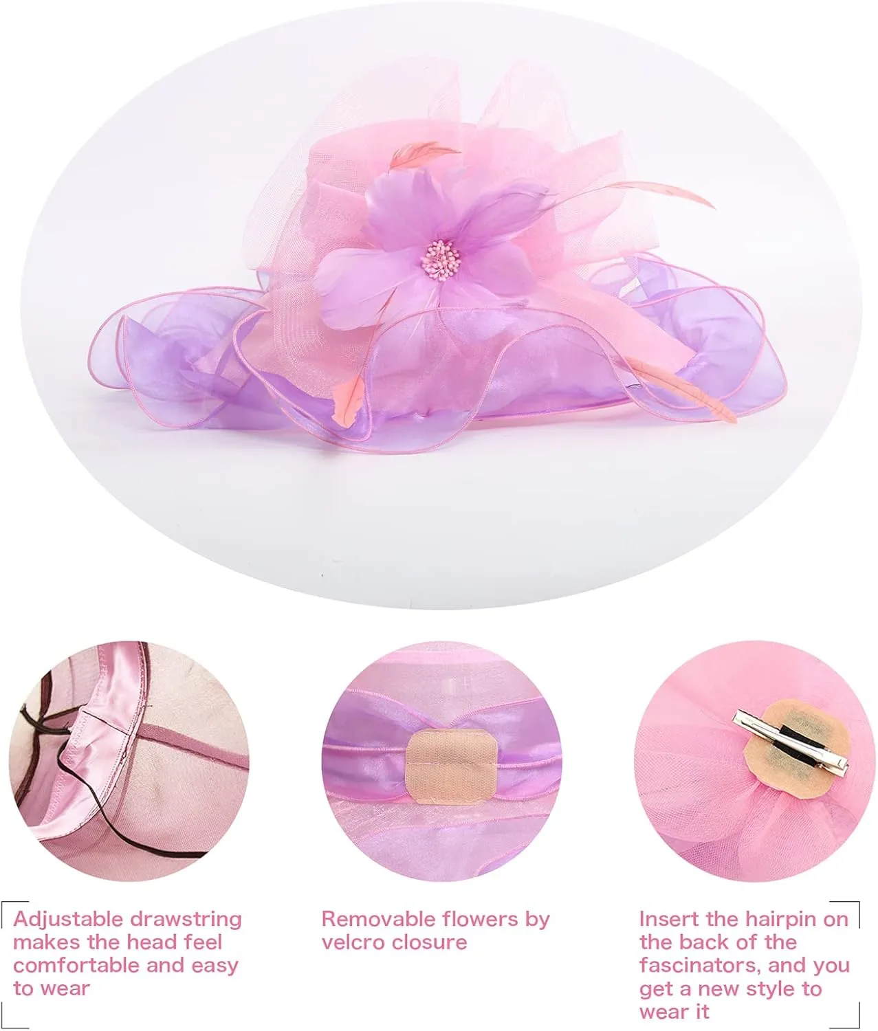 Z&X Women Organza Church Derby Hat Wide Brim Sun Hats for Wedding Tea Party Fascinator Hat, Dual-use