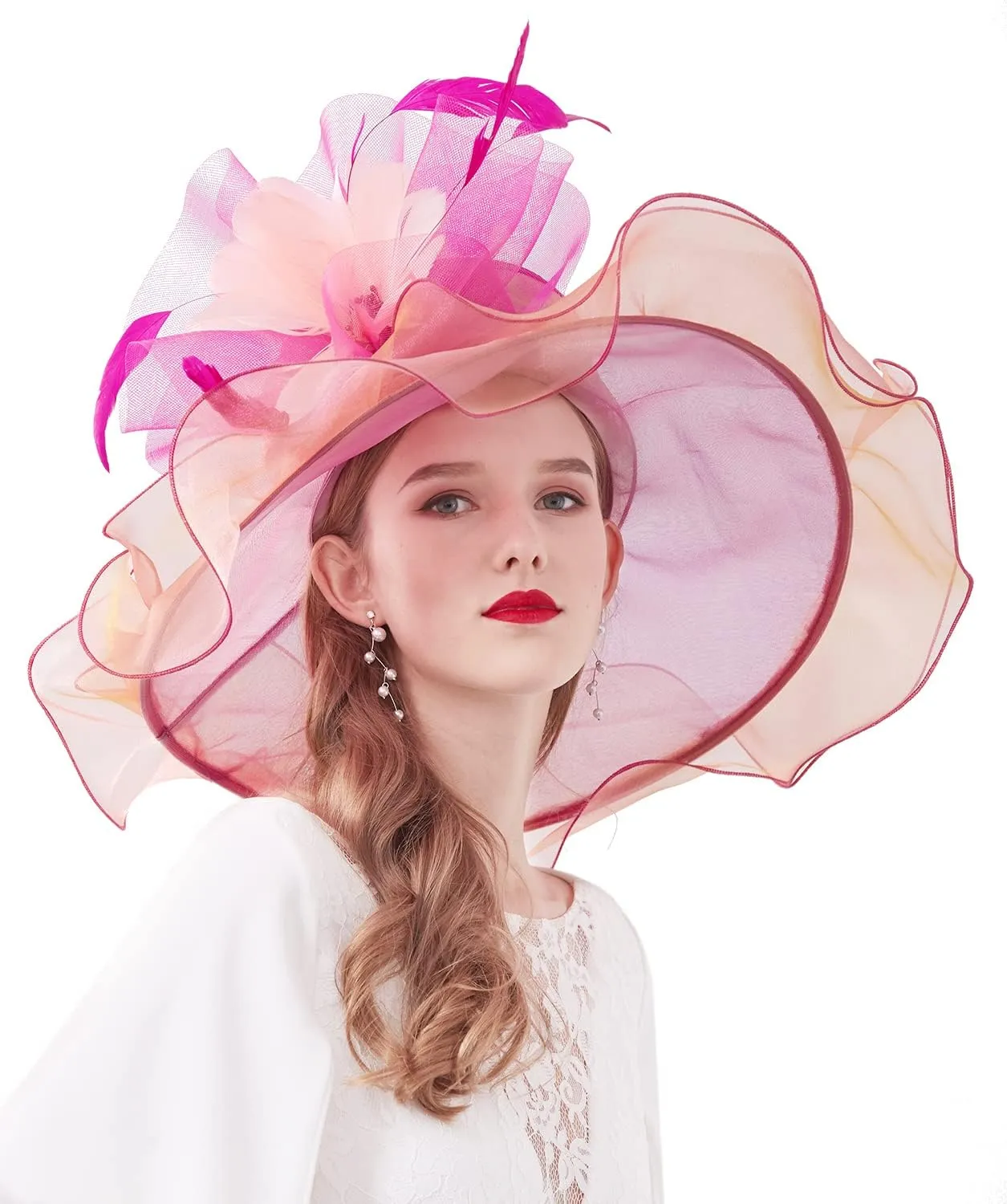 Z&X Women Organza Church Derby Hat Wide Brim Sun Hats for Wedding Tea Party Fascinator Hat, Dual-use