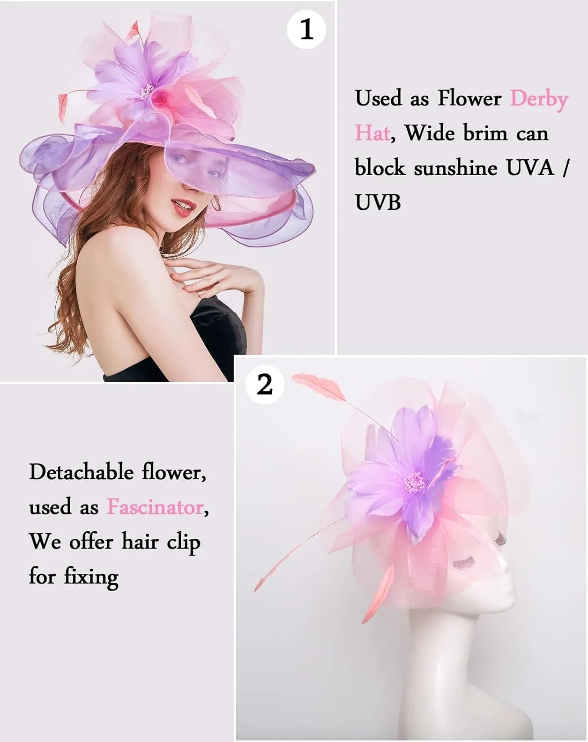 Z&X Women Organza Church Derby Hat Wide Brim Sun Hats for Wedding Tea Party Fascinator Hat, Dual-use