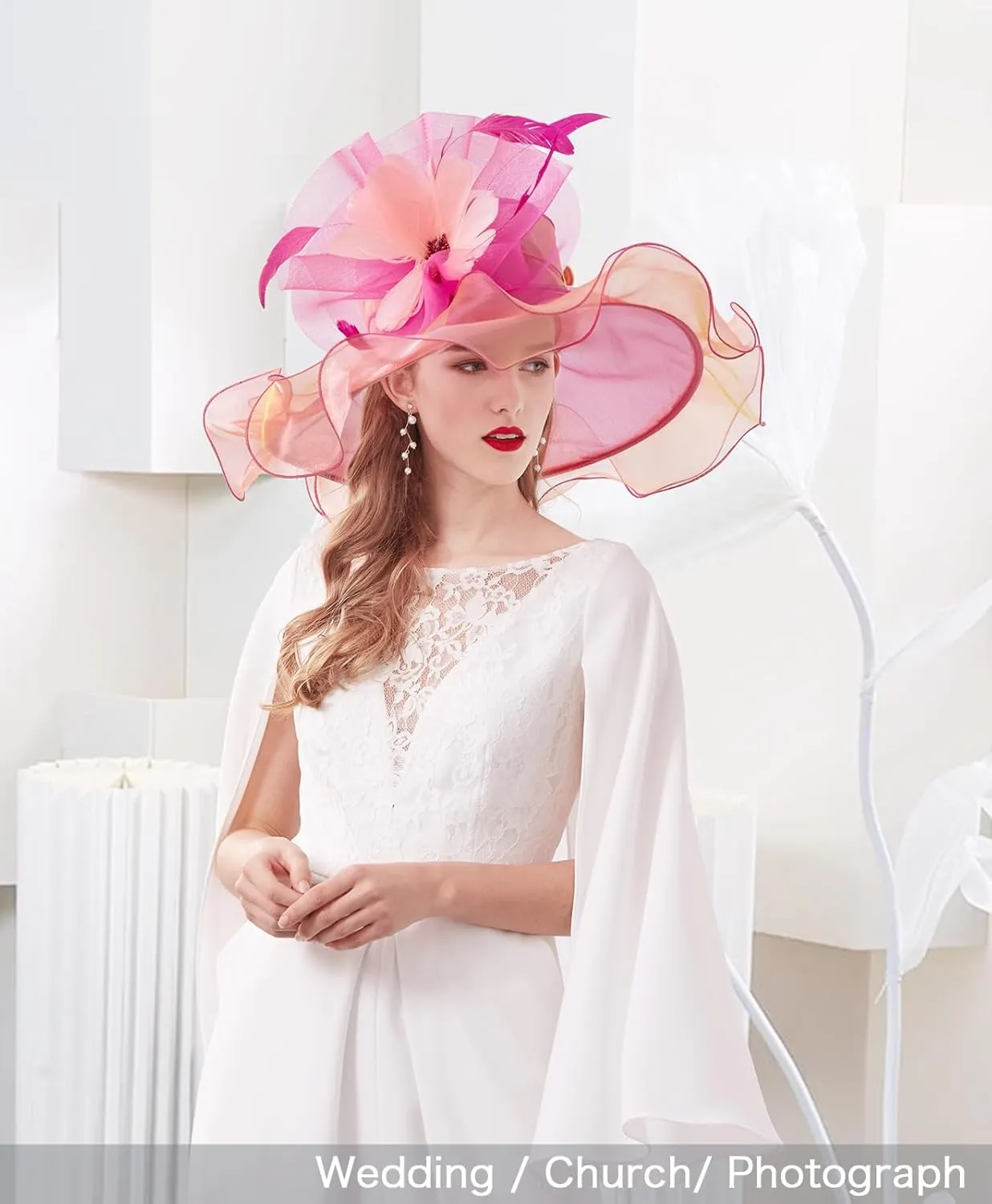 Z&X Women Organza Church Derby Hat Wide Brim Sun Hats for Wedding Tea Party Fascinator Hat, Dual-use