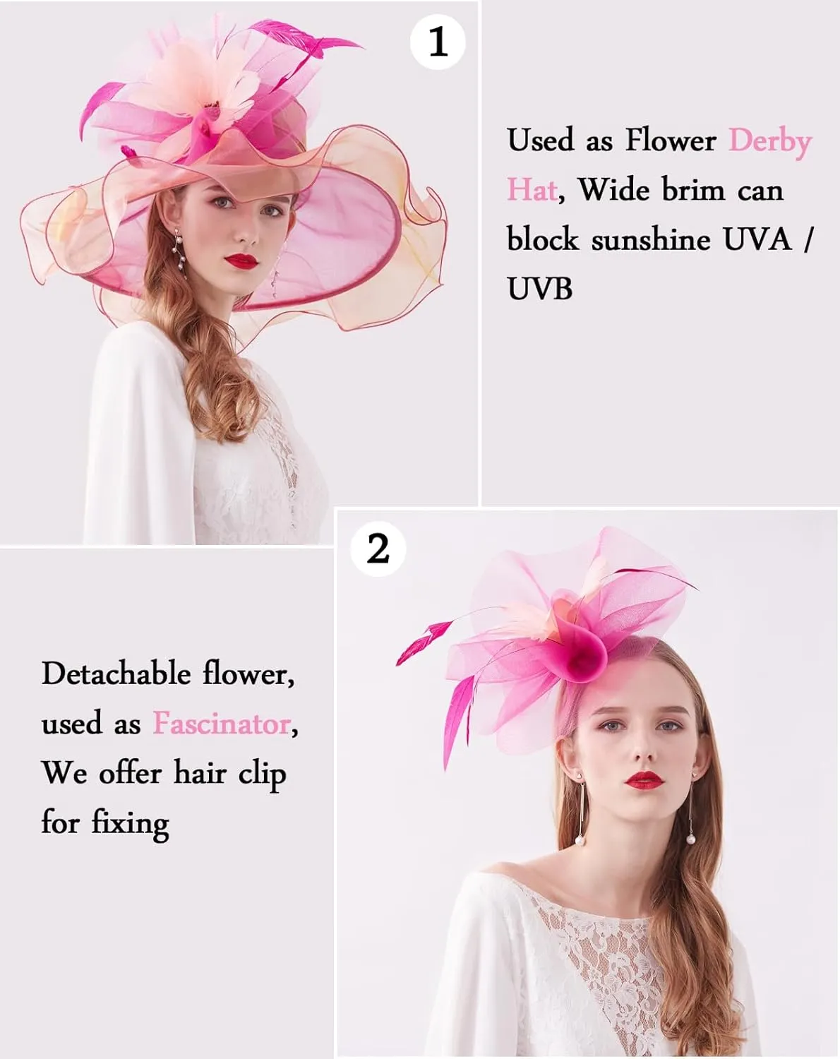 Z&X Women Organza Church Derby Hat Wide Brim Sun Hats for Wedding Tea Party Fascinator Hat, Dual-use