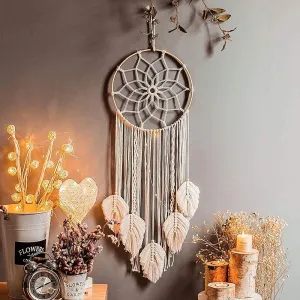 Zazza Home Decor - Cotton Macrame Dream Catcher Type Woven Feather Wall Hanging Handmade Dreamcatcher Boho Tassels Decoration Home Decor Ornament Craft Gift. (Leaf - 1), Multicolor